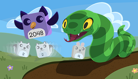 Horizontal key art of a green snake facing a 2048 owl, with small numbered animal tiles and the 204Snake wordmark