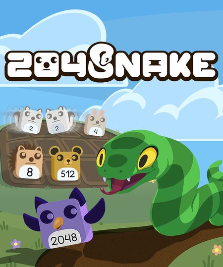Vertical key art of a green snake beside numbered animal tiles from 2 to a 2048 owl, with the 204Snake wordmark
